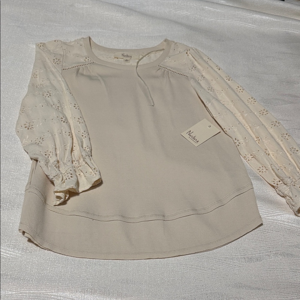 NAK Beige Blouse with Eyelet Lace Sleeves